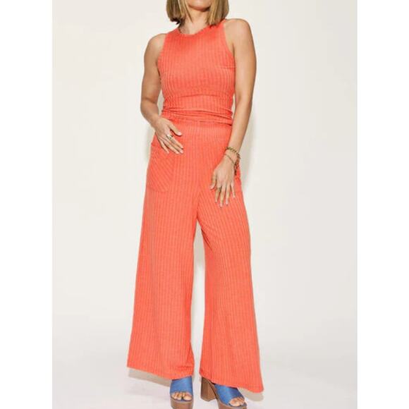 RIBBED TANK AND WIDE LEG PANTS SET Fit: True to size with tons of stretch - Picture 1 of 8